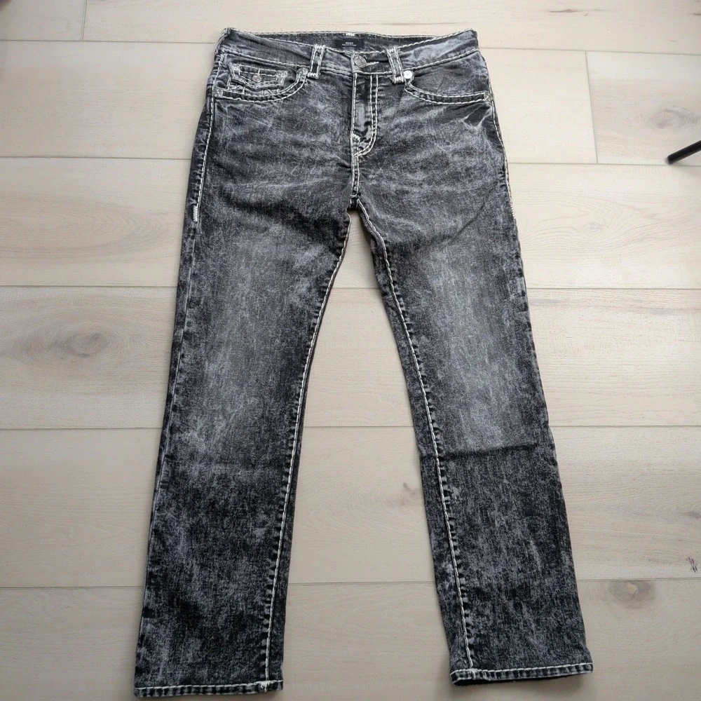 True Religion Ricky Relaxed Straight Jeans Mens 34 Black Acid Wash White Stitch